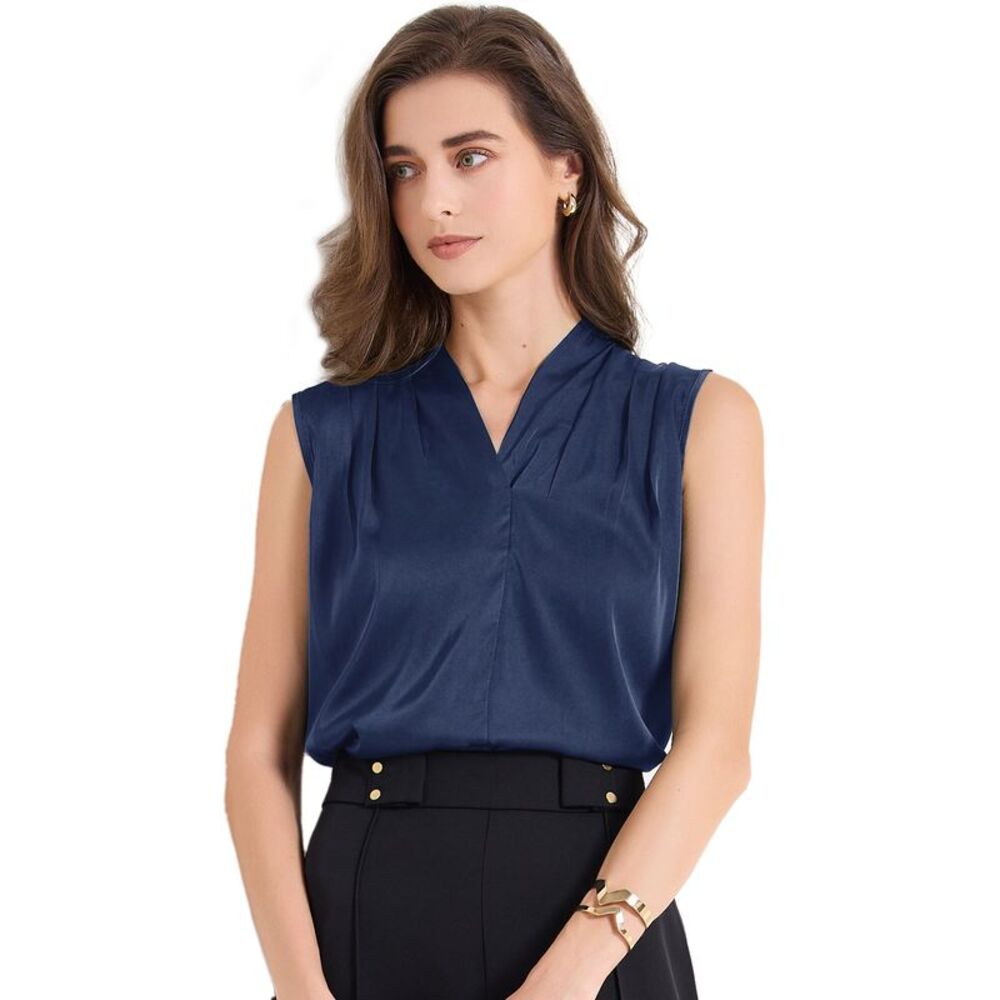 Silk Satin Tank Top V Neck Sleeveless Ruched Summer Basic Tank Shirt Dark Blue